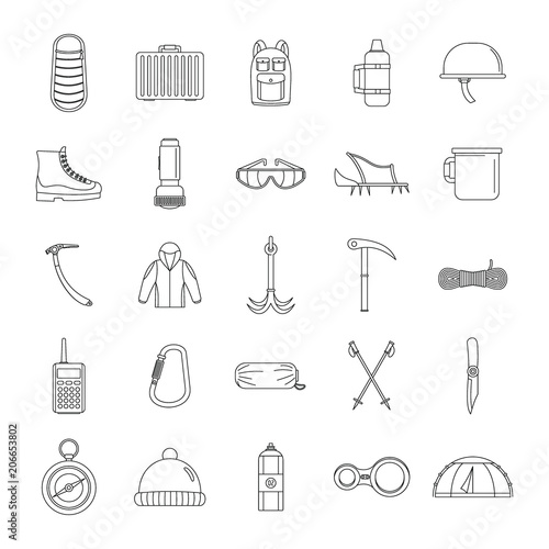 Mountaineering equipment icons set. Outline illustration of 25 mountaineering equipment vector icons for web