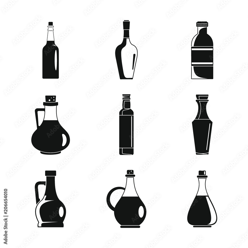Vinegar bottle icons set. Simple illustration of 9 vinegar bottle icons for web Vinegar bottle icons set. Simple illustration of 9 vinegar bottle icons for web