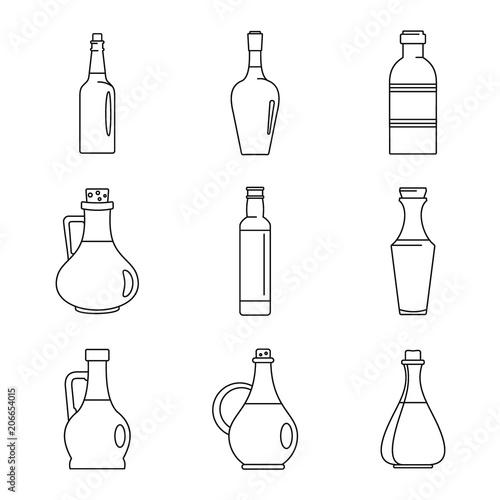 Vinegar bottle icons set. Outline illustration of 9 vinegar bottle icons for web