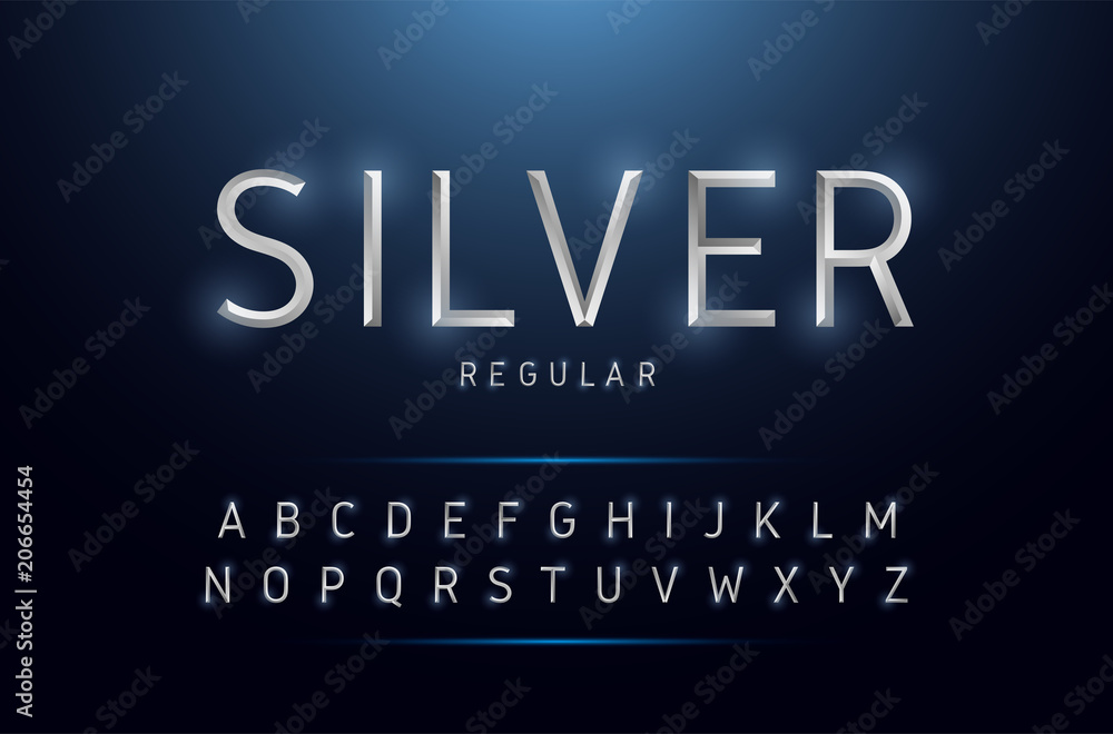 Alphabet silver metallic and effect designs. Exclusive letters typography regular font digital, technology and sport concept. vector illustrator