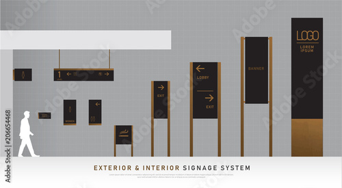 exterior and interior signage wooden concept. direction, pole, wall mount and traffic signage system design template set. empty space for logo, text, black and wood corporate identity