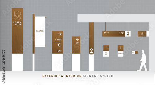 exterior and interior signage wooden concept. direction, pole, wall mount and traffic signage system design template set. empty space for logo, text, white and wood corporate identity