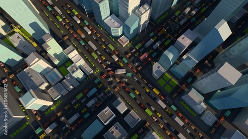 City street Intersection traffic jams road 3d render. Very high detail projection view. A lot cars end buildings top view illustration
