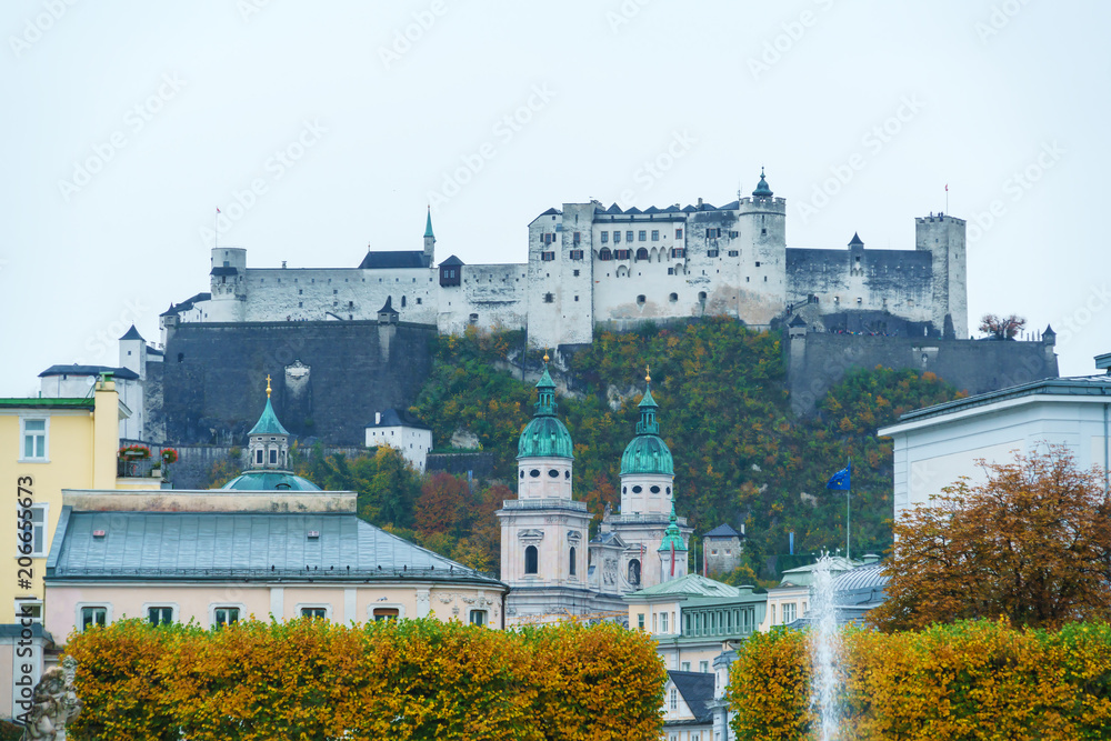 View from fountains of Mirabell garden on Hohensalzburg Castle, Salzburg, Austria