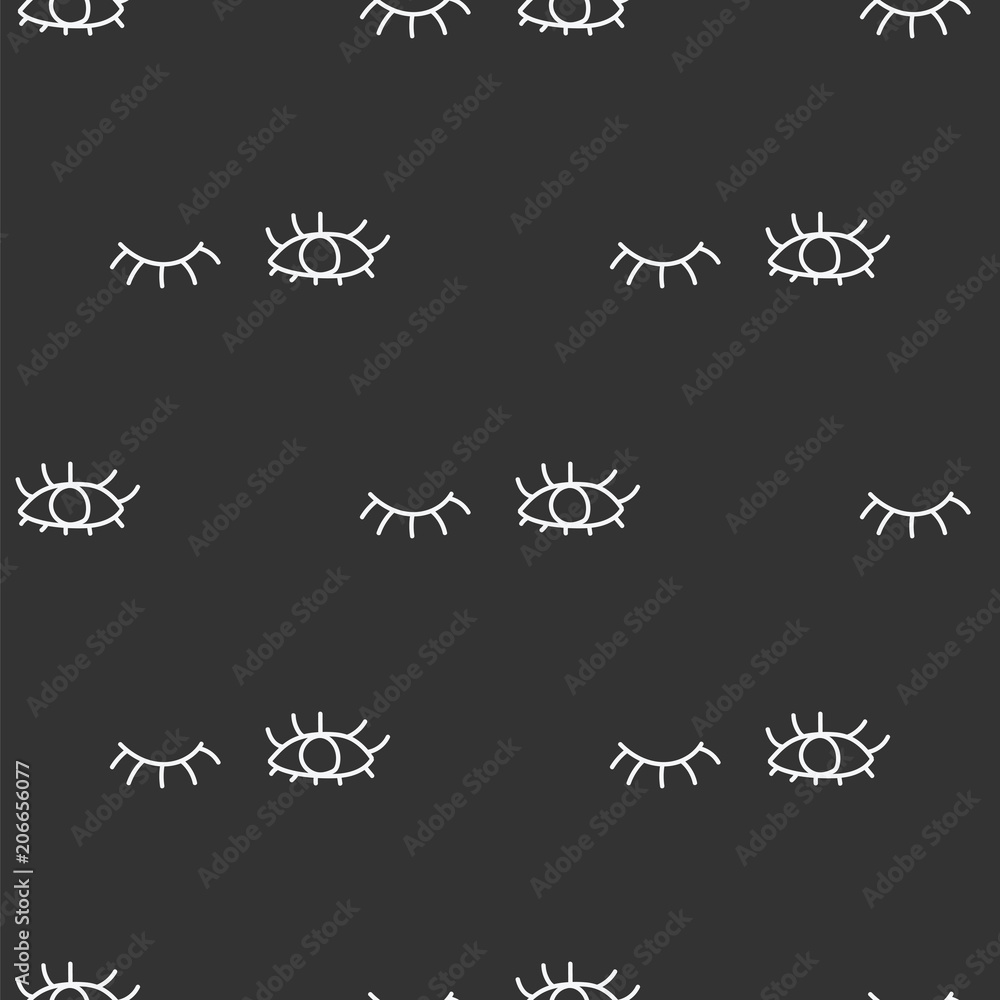 Fototapeta premium Opened and closed human eyes with eyelashes on black background. Seamless pattern background winking eyes.