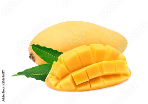 ripe yellow mango fruit with leaves isolated on white background