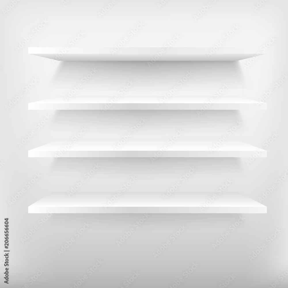 Empty white shelves . Vector illustration . Empty white shelves . Vector illustration .