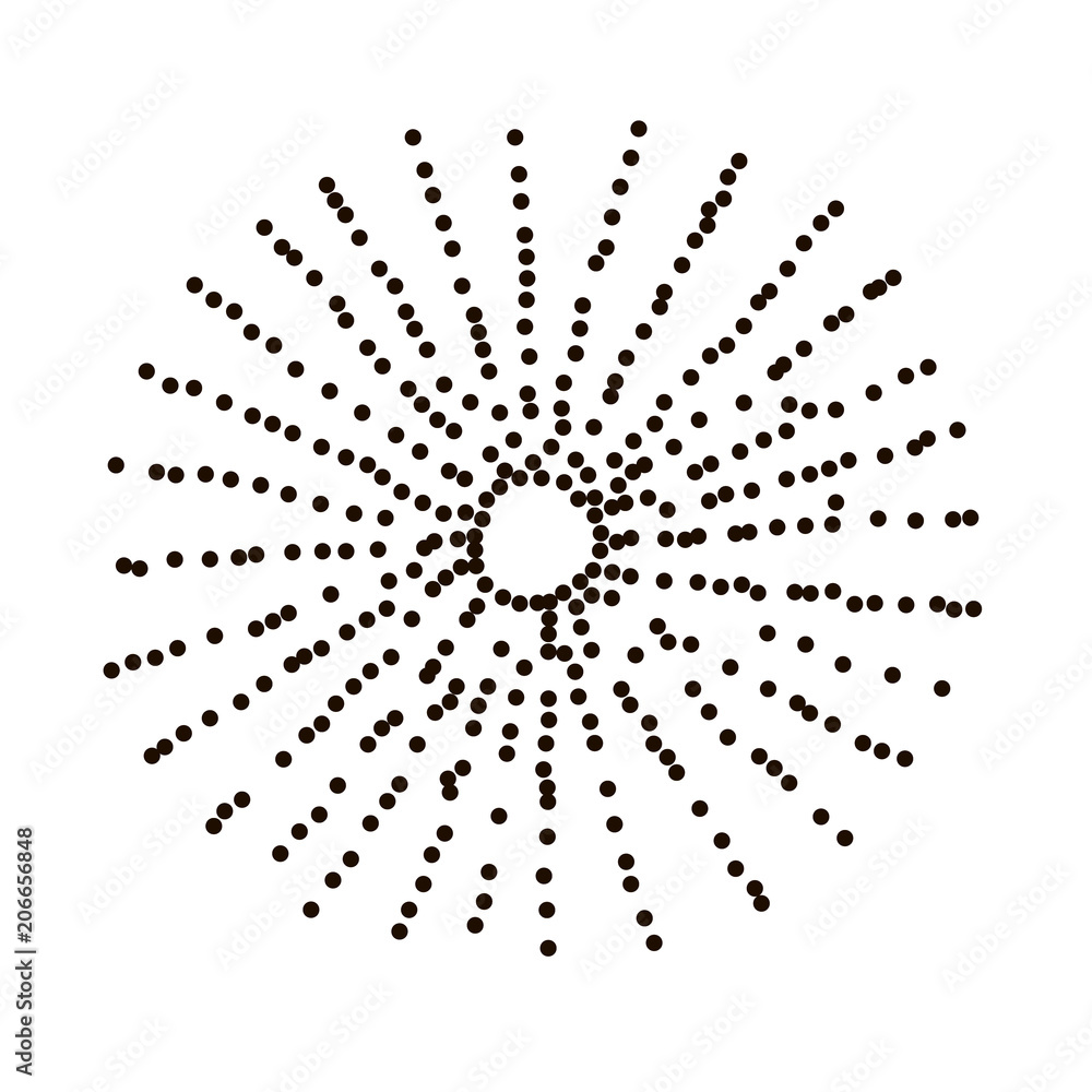 Abstract dotted round shape. Halftone effect surface. Black dots on white background. Black and white sunburst Abstract dotted round shape. Halftone effect surface. Black dots on white background. Black and white sunburst