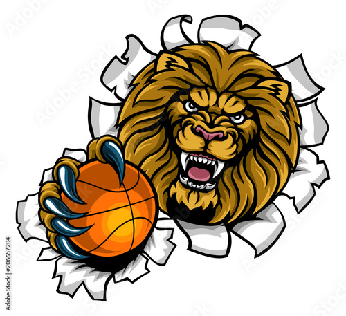 Lion Holding Basketball Ball Breaking Background