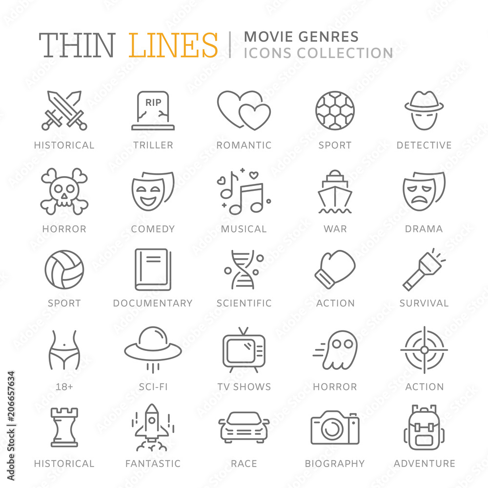 Fototapeta premium Collection of movie genres thin line icons
