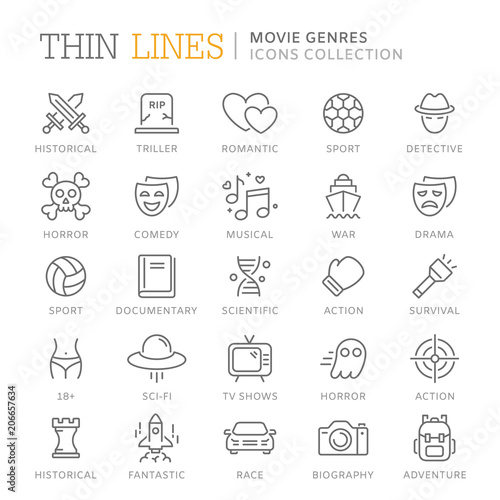 Collection of movie genres thin line icons photo
