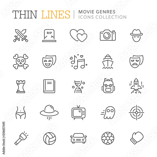 Collection of movie genres thin line icons