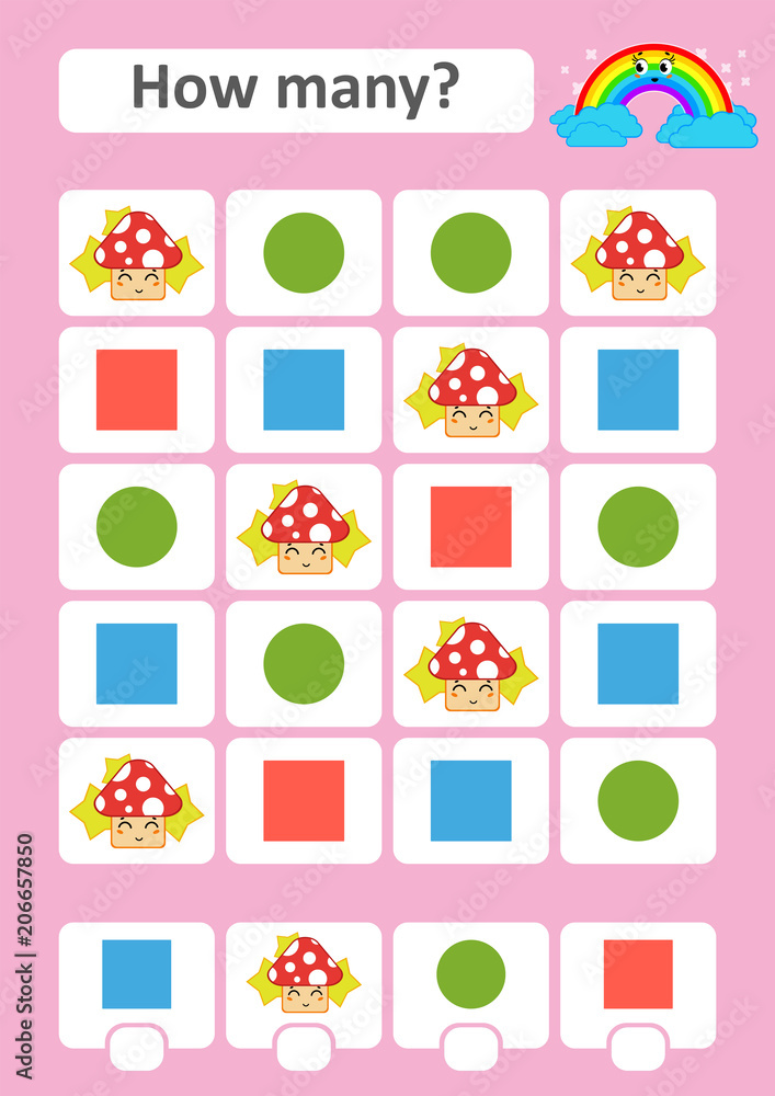 Counting game for preschool children. The study of mathematics. How many items in the picture. Mushroom, square, circle. With a place for answers. Simple flat isolated vector illustration. Counting game for preschool children. The study of mathematics. How many items in the picture. Mushroom, square, circle. With a place for answers. Simple flat isolated vector illustration.