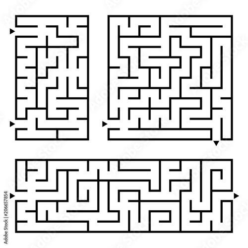 A set of square and rectangular labyrinths with entrance and exit. Simple flat vector illustration isolated on white background.