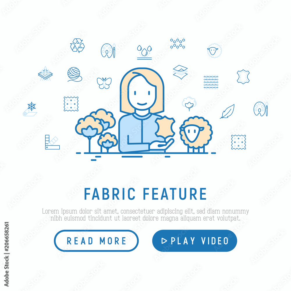 Seamstress with thin line icons of different fabric types: leather, textile, cotton, wool, waterproof, acrylic, silk, eco-friendly material, breathable material. Modern vector illustration.