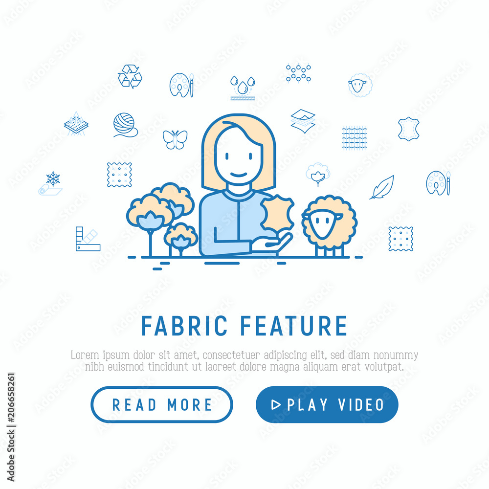 Seamstress with thin line icons of different fabric types: leather, textile, cotton, wool, waterproof, acrylic, silk, eco-friendly material, breathable material. Modern vector illustration. Seamstress with thin line icons of different fabric types: leather, textile, cotton, wool, waterproof, acrylic, silk, eco-friendly material, breathable material. Modern vector illustration.