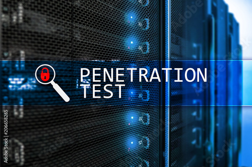 Penetration test. Cybersecurity and data protection. Hacker attack prevention. Futuristic  server room on background. 