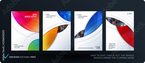 Brochure design round template. Colourful modern abstract set, annual report with circle for branding. © Diamond Graphics
