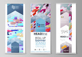 Roll up banner stands, flat design templates, abstract style, corporate vertical vector flyers, flag layouts. Bright color colorful minimalist backdrop with geometric shapes, minimalistic background.