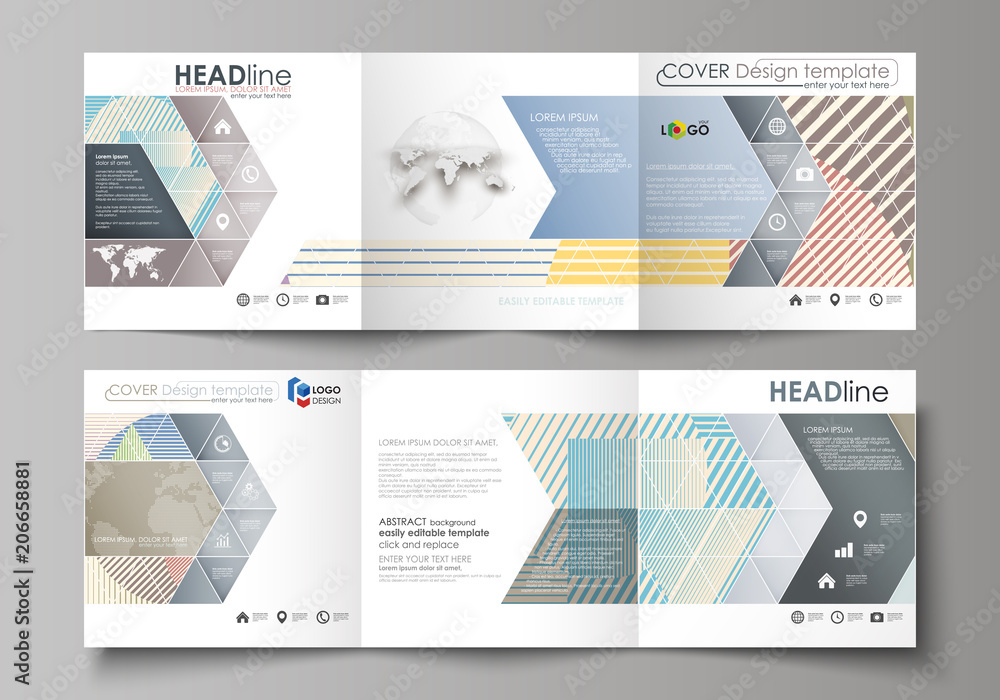 Set of business templates for tri fold square brochures. Leaflet cover, abstract flat layout, easy editable vector. Minimalistic design with lines, geometric shapes forming beautiful background.