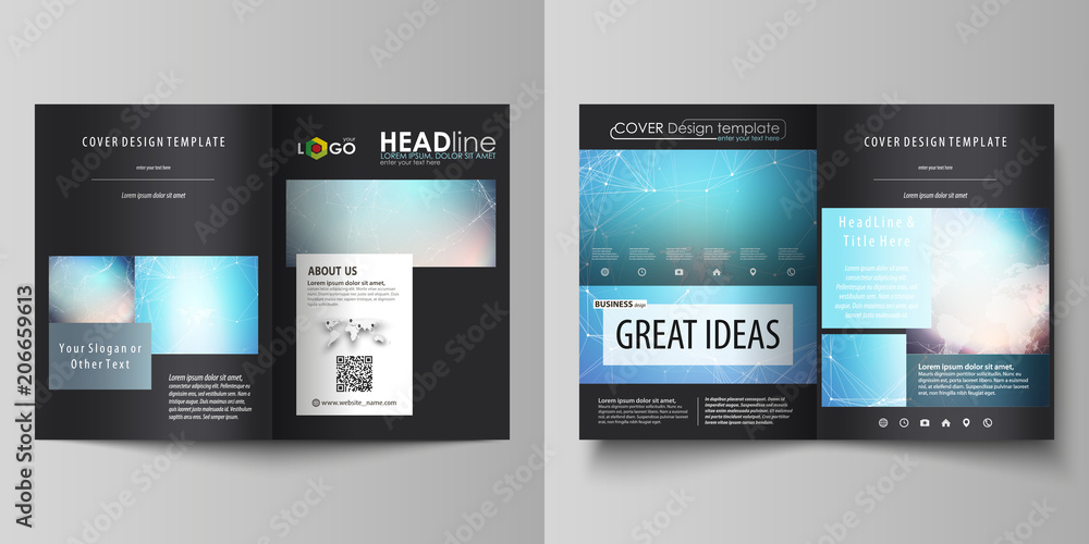 The black colored vector illustration of editable layout of two A4 format modern covers design templates for brochure, flyer, booklet. Molecule structure. Science, technology concept. Polygonal design