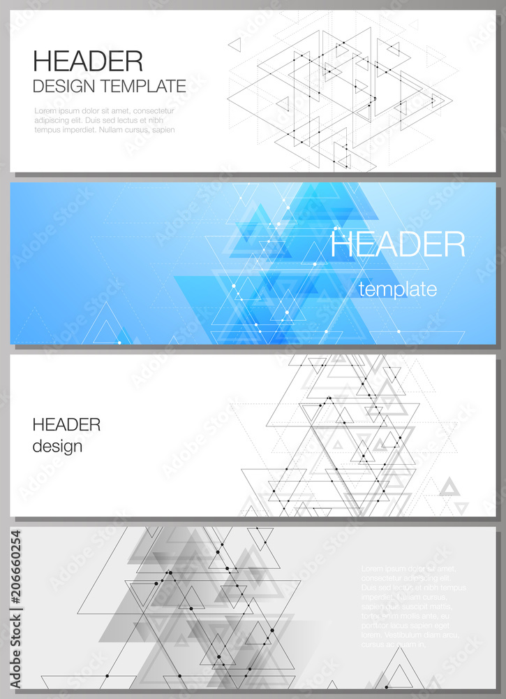 The minimalistic vector illustration of editable layout of headers, banner design templates in popular formats. Polygonal background with triangles, connecting dots and lines. Connection structure