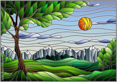 Illustration in stained glass style with landscape, green tree on mountain landscape and Sunny sky background