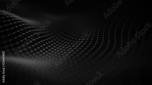 Data technology illustration. Abstract futuristic background. Wave with connecting dots and lines on dark background. Wave of particles.