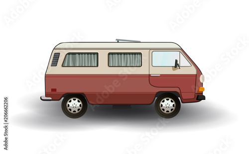 Retro vacation travel caravan with shadows isolated on white background