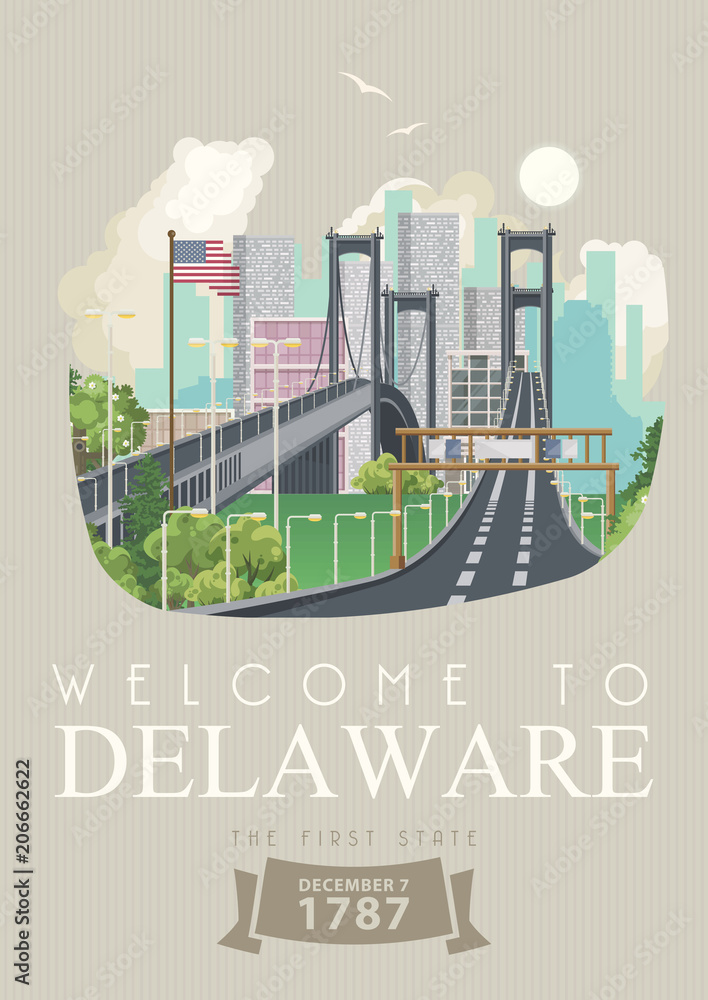 Fototapeta premium Ilustracja wektorowa Delaware z kolorowych szczegółowych krajobrazów w nowoczesnej płaskiej konstrukcji