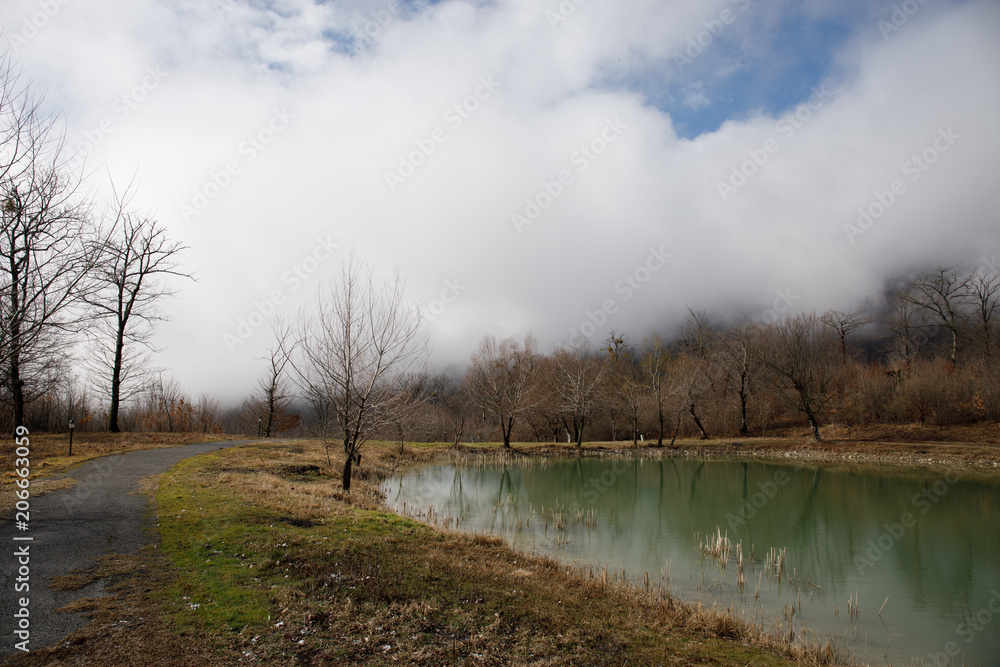 Forest lake with bridge during the sunny day with winter trees and blue cloudy sky. Beautiful natural mountain lake with forest in the background and stormy clouds on the sky.