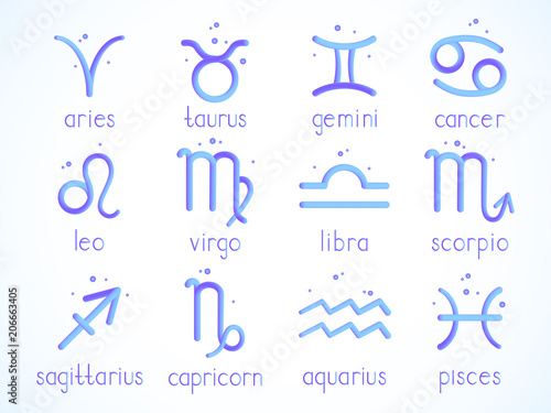Vector set of zodiac signs with imitation 3d effect on white background.