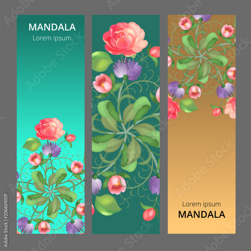 Vector banner set with floral ornament. Rose, tulip, leaf. Circular ornament.