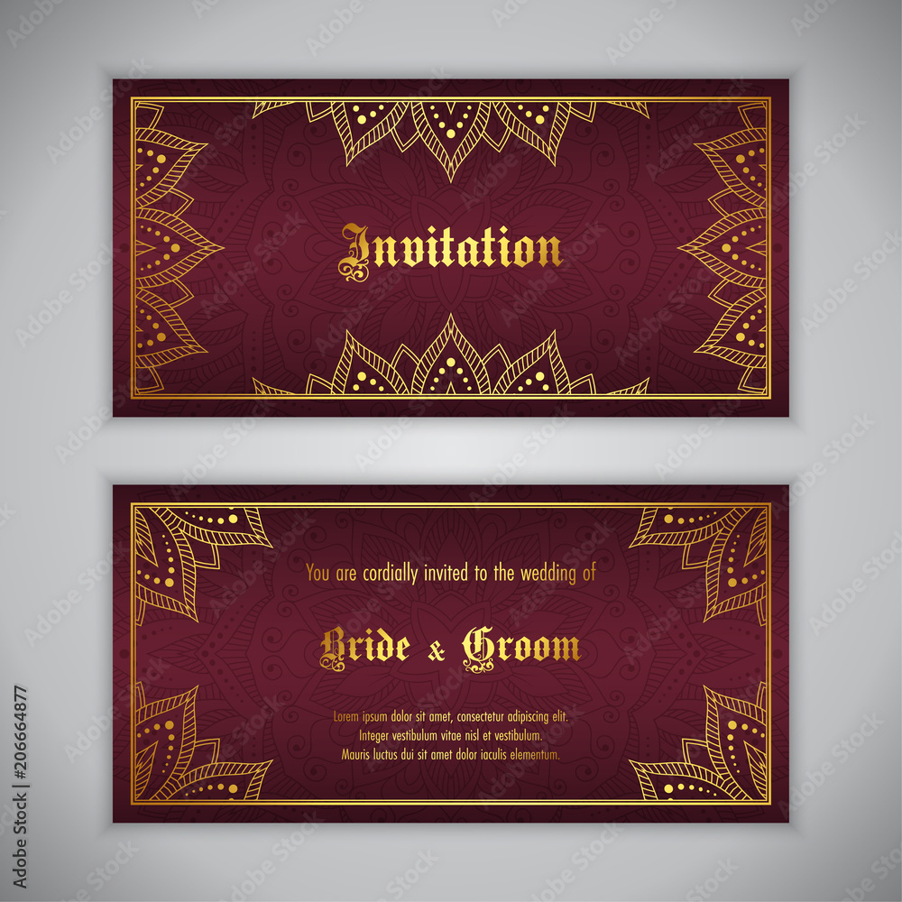 Fototapeta premium Luxury wedding invitation with golden ornament. Vector illustration