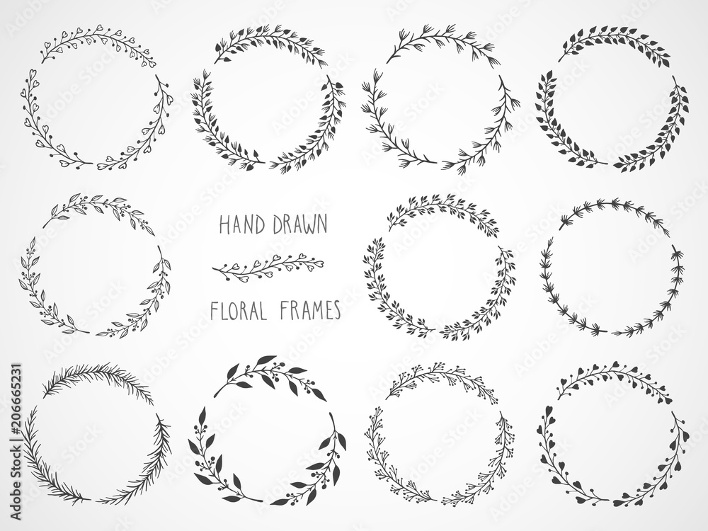 Vector set of floral hand drawn round frames. - obrazy, fototapety, plakaty 