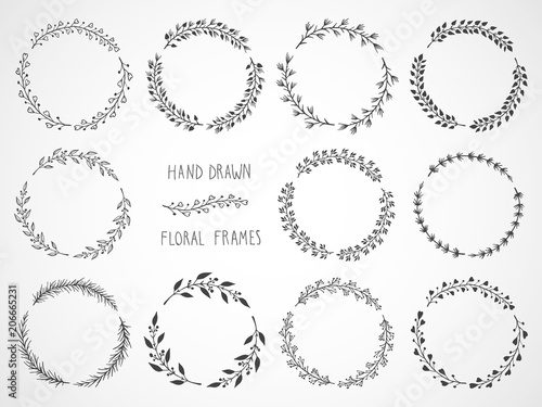 Vector set of floral hand drawn round frames.
