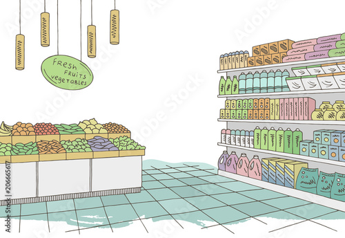 Grocery store shop interior color graphic sketch illustration vector