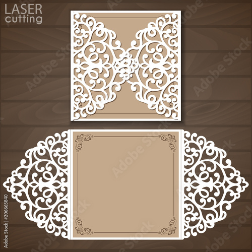 Laser cut wedding invitation template vector. Cutout paper gate fold card for laser cutting or die cutting template. Wedding invitation mockup. Suitable for greeting cards, invitations, menus.