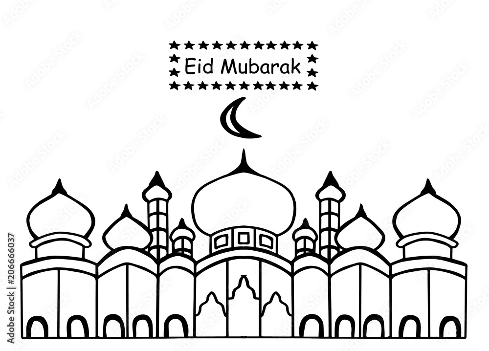 Eid mubarak with mosque and star using doodle style, hand drawing