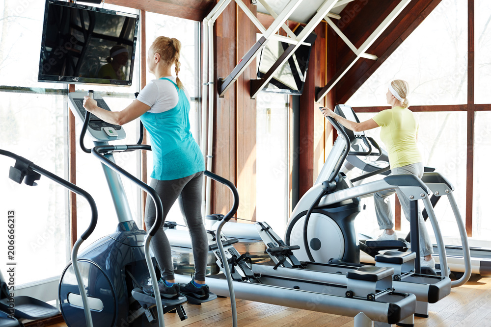 Obraz premium Two sporty mature females in activewear exercising on training equipment in modern gym