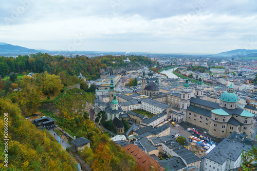 Fototapeta Naklejka Na Ścianę i Meble -  Large horizontal panorama of city from Hohensalzburg, Salzburg, Austria