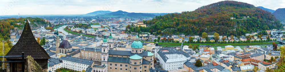 Large horizontal panorama of city from Hohensalzburg, Salzburg, Austria