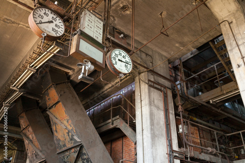Sensor and pressure scale at an abandoned power station at the Peenemünde site on the island of Usedom in Germany