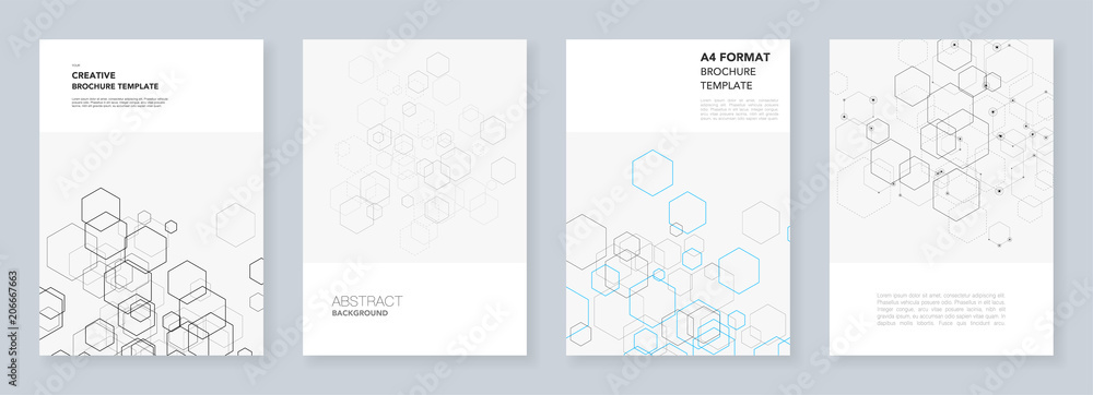 Minimal brochure templates with hexagons and lines on white. Hexagon infographic. Digital technology, science or medical concept.Templates for flyer, leaflet, brochure, report, presentation. - obrazy, fototapety, plakaty 