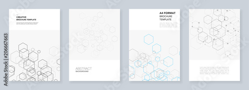 Minimal brochure templates with hexagons and lines on white. Hexagon infographic. Digital technology, science or medical concept.Templates for flyer, leaflet, brochure, report, presentation.
