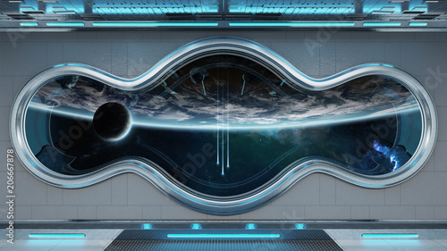 Fototapeta Naklejka Na Ścianę i Meble -  White tech spaceship round window interior background 3D rendering
