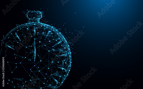 Clock form lines and triangles, point connecting network on blue background. Illustration vector photo