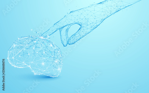 Hand touch Brain form lines and triangles, point connecting network on blue background. Illustration vector