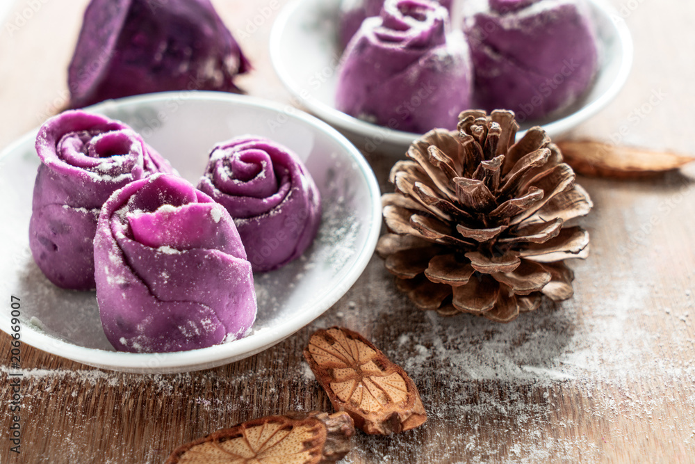 The dessert with purple colour