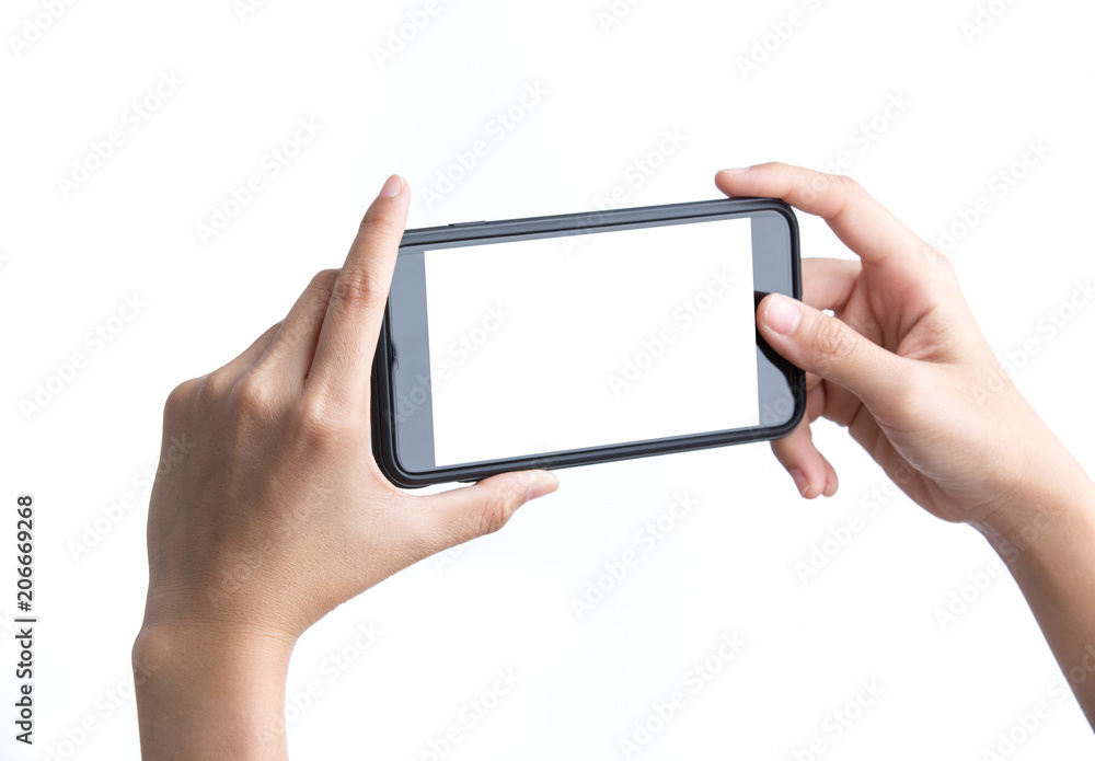 Woman hand holding the black smartphone with blank screen Woman hand holding the black smartphone with blank screen
